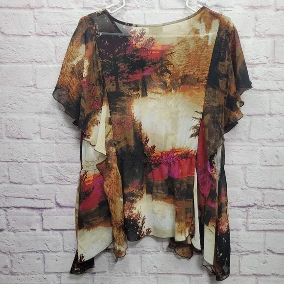 Worthington Sheer Nature Scene Blouse Size L Witchy Forest Dark Fairy Whimsigoth - Picture 7 of 9